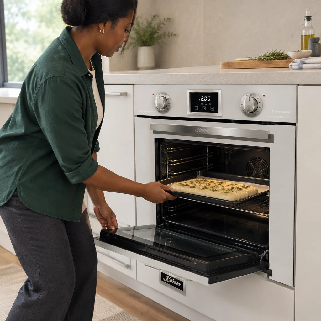 African American home cook loading focaccia dough into the Kaiser 79L white and black electric oven for hot-air baking