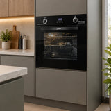 Black Kaiser 79L built-in electric oven installed beneath the worktop in a contemporary kitchen