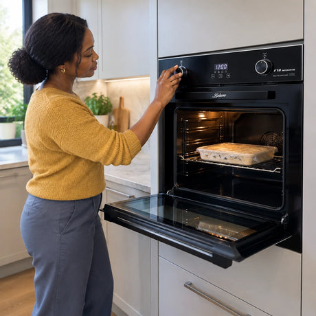 African American home cook selecting the cold-air defrost setting on a Kaiser black built-in electric oven