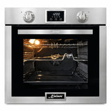 Kaiser EH 6323 79L stainless steel built-in electric oven with black glass door and digital controls on white background.