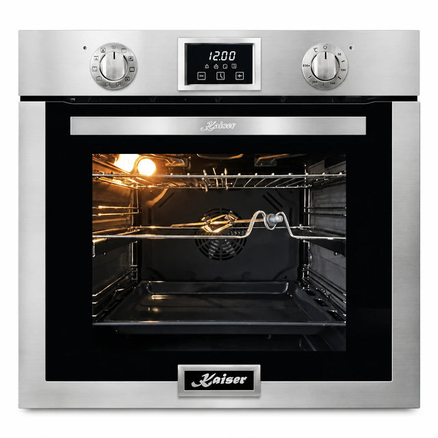 Kaiser EH 6323 79L stainless steel built-in electric oven with black glass door and digital controls on white background.