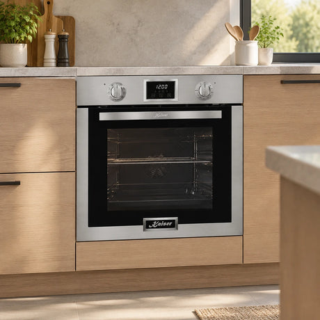 Kaiser 79L stainless steel electric oven installed in a refined contemporary residential kitchen beneath a worktop.