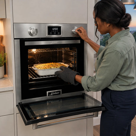 African American home cook adjusts the Kaiser EH 6323 oven while browning a vegetable gratin under its infrared grill.