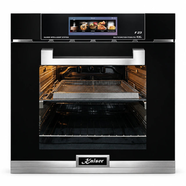 Kaiser EH 6344 79L black built-in electric oven with TFT display and metallic handle on white background