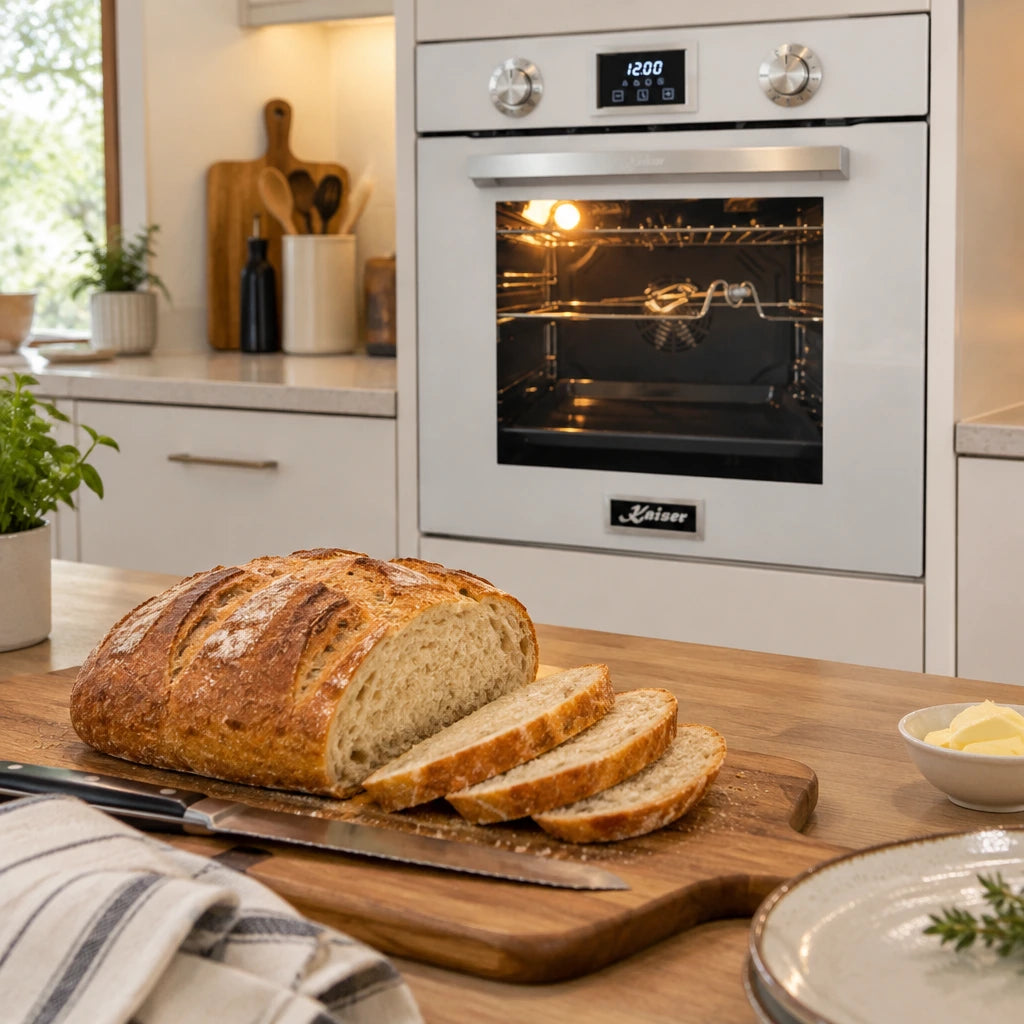 Freshly baked bread cooling on a kitchen counter with the white Kaiser built-in oven visible behind it.