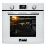 Kaiser EG 6374 W 79L white glass built-in gas-electric oven with metal rotary controls and digital display.