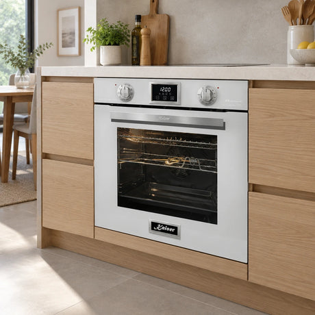 White Kaiser 79L built-in gas-electric oven installed beneath the worktop in a contemporary residential kitchen.