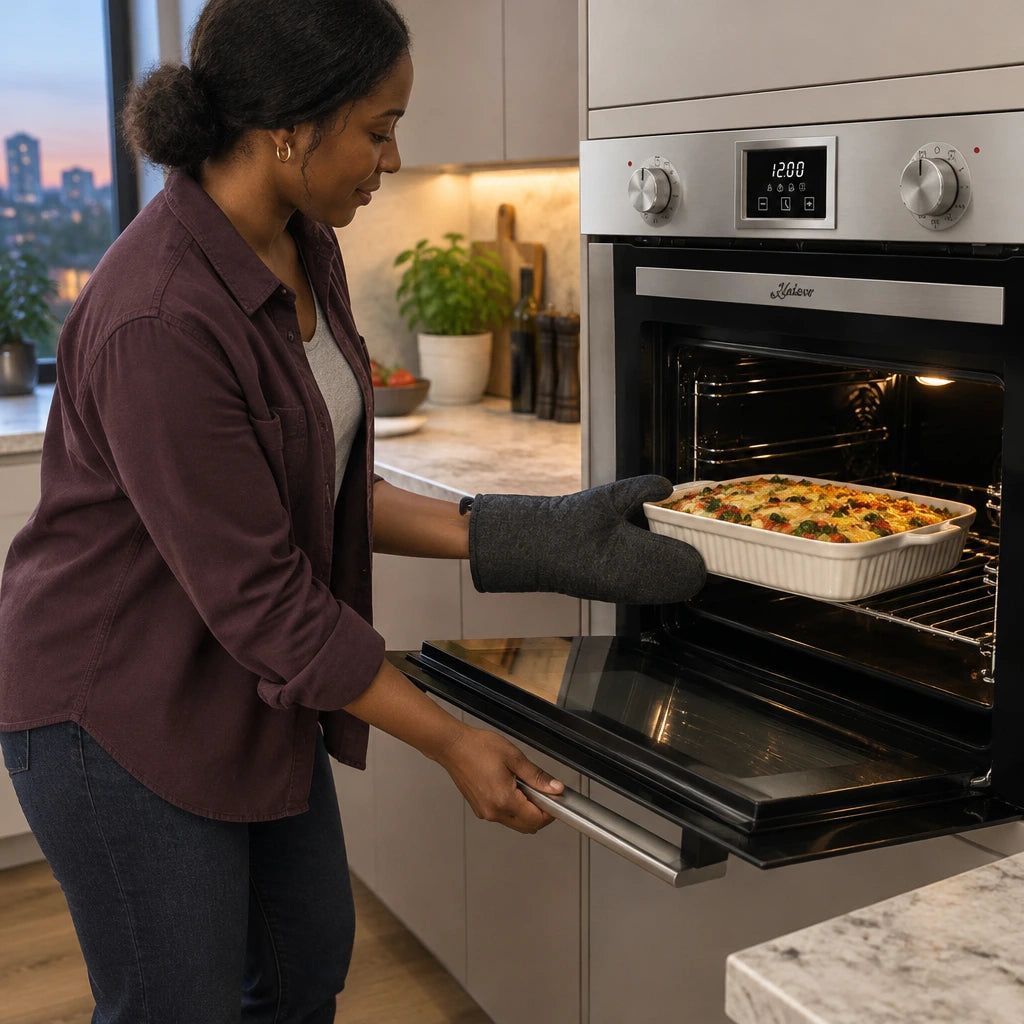 African American home cook loading a vegetable-and-cheese bake into a Kaiser built-in stainless-steel oven