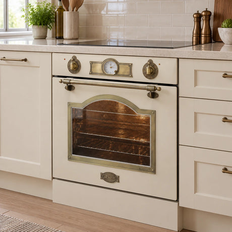 Ivory Kaiser Empire gas oven installed beneath the worktop in a refined contemporary kitchen.