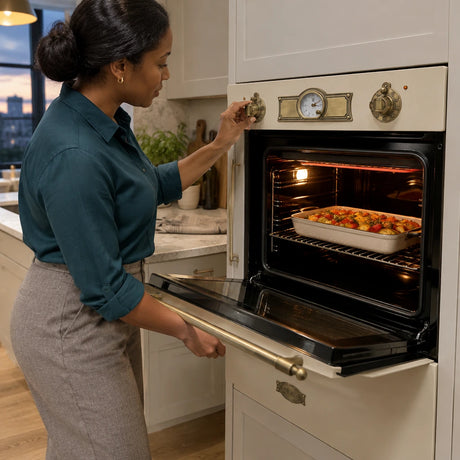 African American home cook using the Kaiser ivory gas oven's infrared grill to brown a vegetable dish.