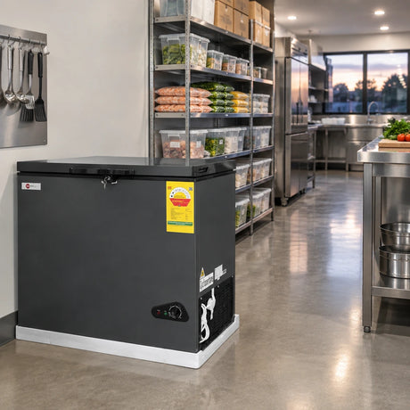 Closed H&A lockable chest freezer beside organised frozen-food stock in a catering storage area