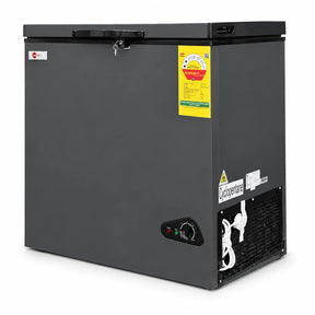 H&A 292L dark graphite lockable chest freezer with front thermostat and compressor grille on white background