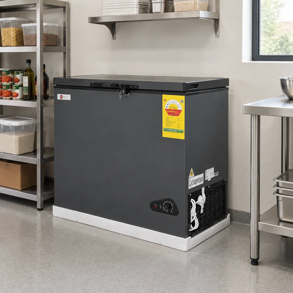 H&A lockable chest freezer resting in an organised commercial catering storage room