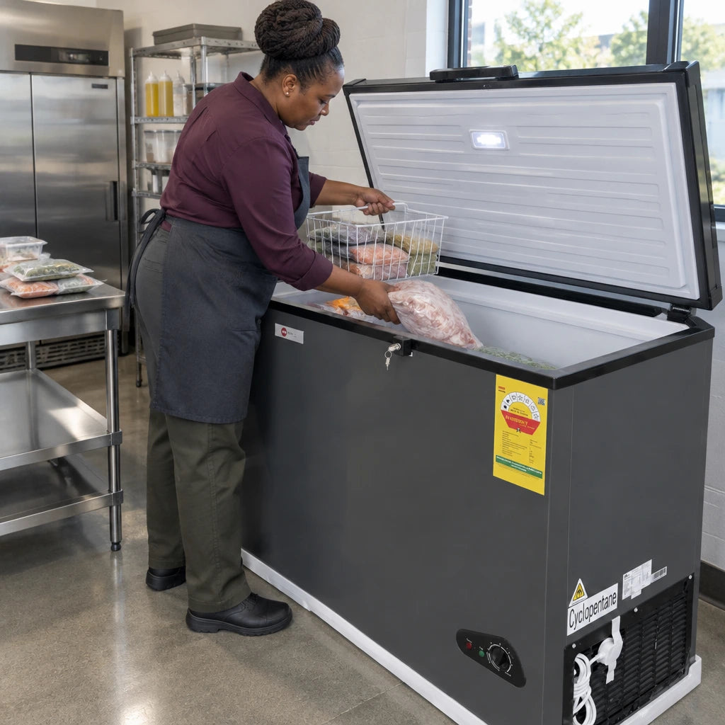 African American catering operator loading frozen food into the open H&A chest freezer basket