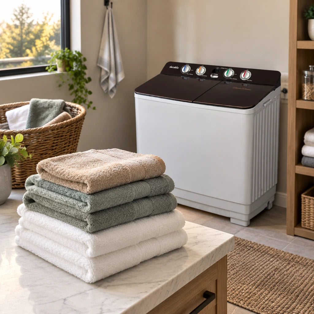 Folded clean towels ready beside a closed Decakila 15kg twin-tub washing machine in an organised home laundry room.