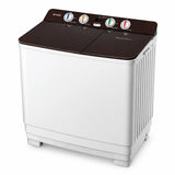 Decakila KEDM002R white 15kg twin-tub washing machine with separate spin compartment and four control dials on a white background.