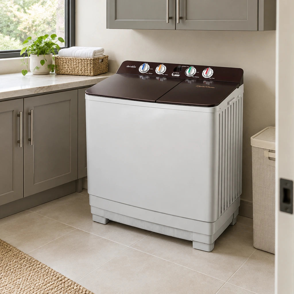 Decakila twin-tub washing machine resting in a clean contemporary residential utility room with its two dark lids closed.