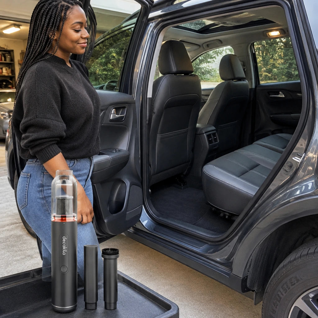 Clean passenger-ready car interior with the Decakila handheld vacuum resting nearby after cordless spot cleaning.