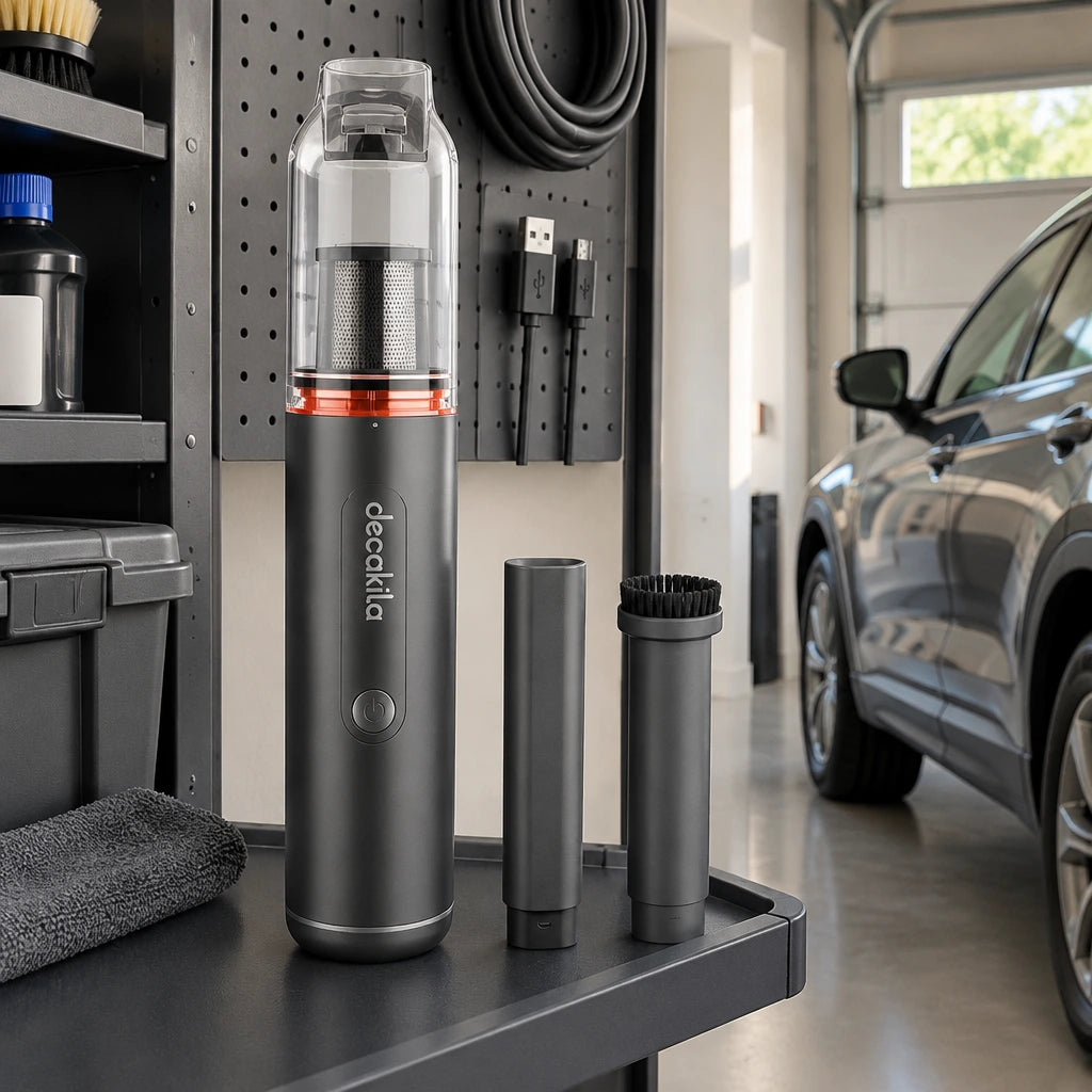 Decakila cordless handheld vacuum stored with its attachments on an organised vehicle-care shelf in a clean residential garage.