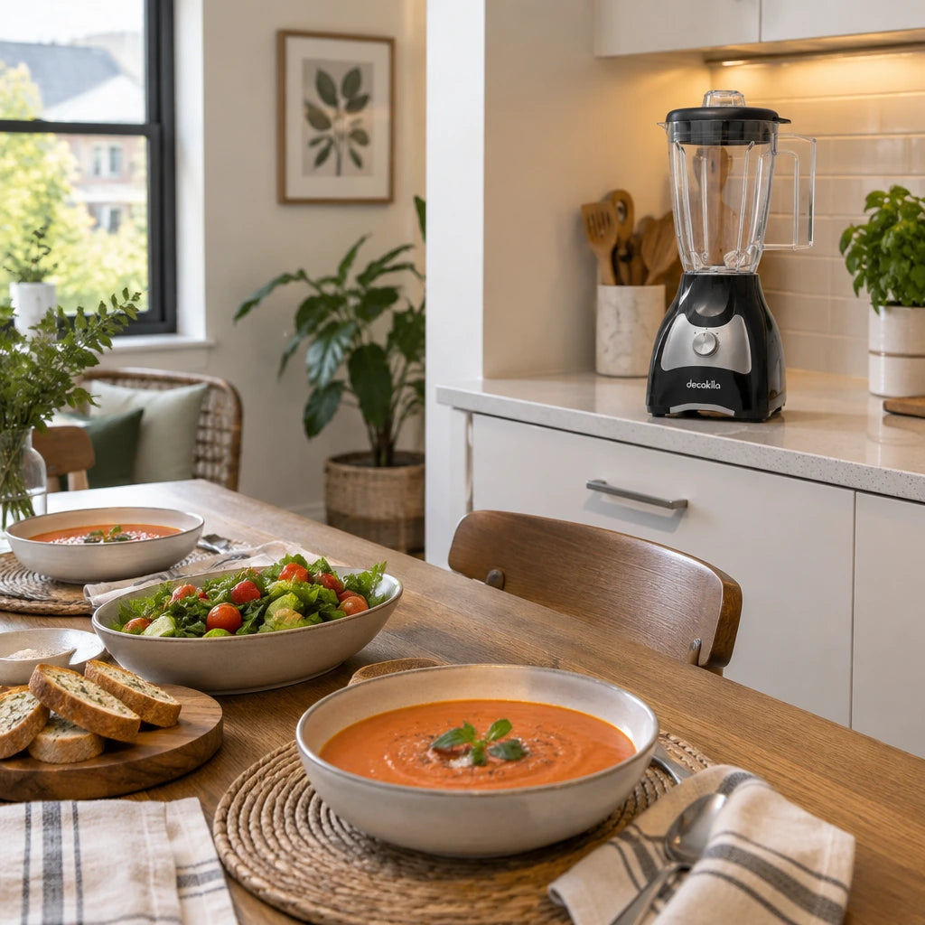 Finished meal with smooth sauce served beside the Decakila stand blender in a contemporary kitchen