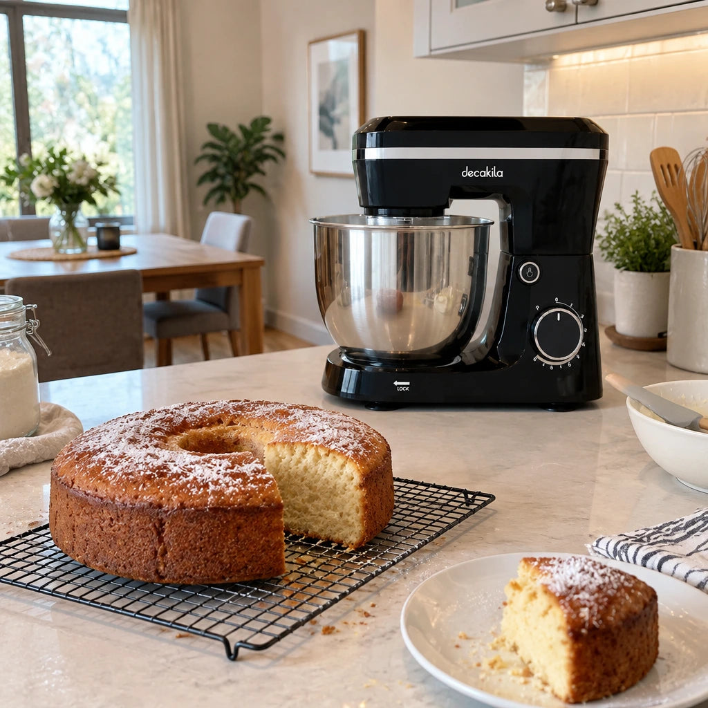Finished homemade cake cooling beside a cleaned Decakila 5L stand mixer in a contemporary kitchen