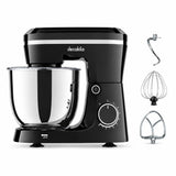 Decakila black 5L stand mixer with transparent bowl, speed dial and three visible mixing attachments on a white background
