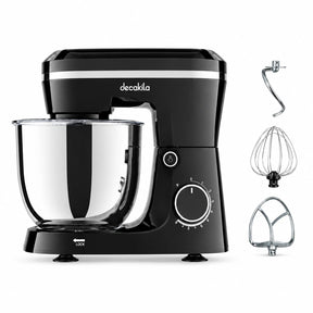 Decakila black 5L stand mixer with transparent bowl, speed dial and three visible mixing attachments on a white background