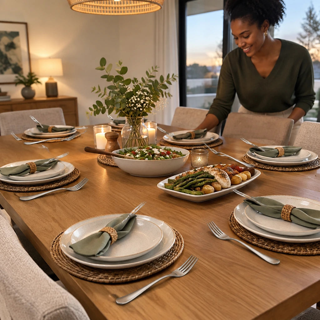 Six matching Decakila stainless steel forks complete a coordinated dining table ready for a shared meal.