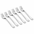 Six-piece Decakila stainless steel table fork set arranged on a white background.