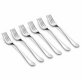 Six-piece Decakila stainless steel table fork set arranged on a white background.