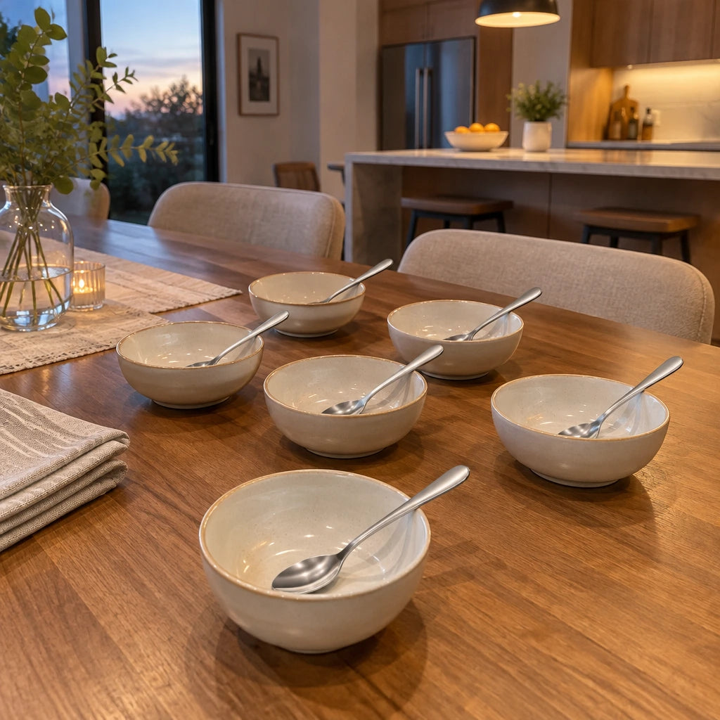 Six matching Decakila stainless steel spoons remain beside finished dessert bowls after a shared meal.