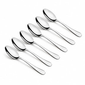 Decakila six-piece stainless steel table spoon set arranged on a white background.