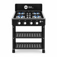 H&A four-burner freestanding gas stove with black finish, four control knobs and open lower storage shelving on white background