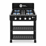 H&A four-burner freestanding gas stove with black finish, four control knobs and open lower storage shelving on white background