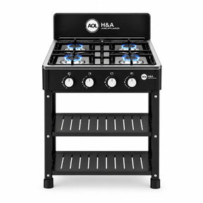 H&A four-burner freestanding gas stove with black finish, four control knobs and open lower storage shelving on white background