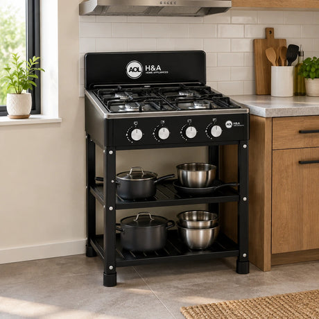 H&A four-burner gas stove resting in a refined compact home kitchen with open cookware shelving