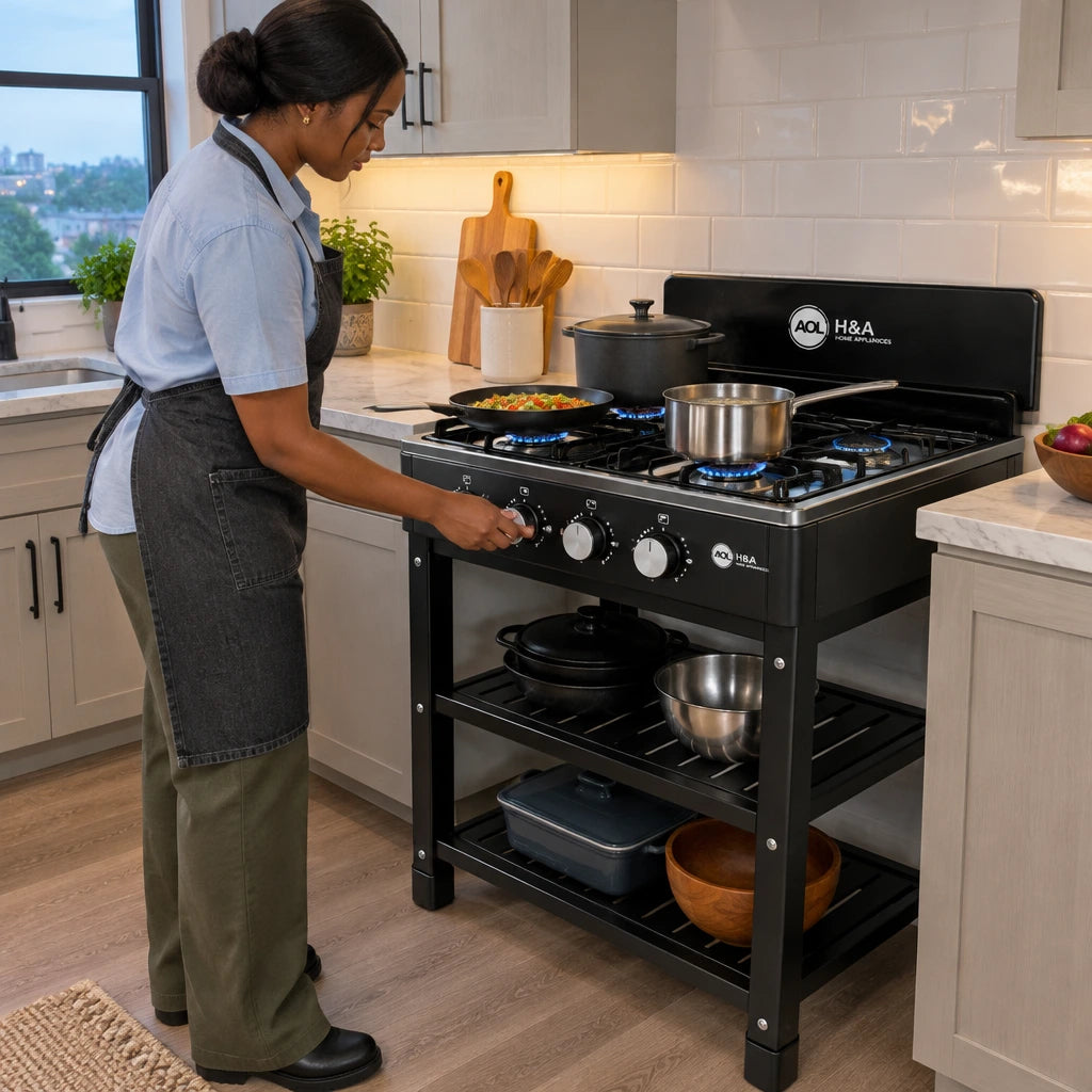 African American home cook adjusting a burner while preparing several pans on the H&A four-burner gas stove