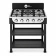 H&A five-burner freestanding gas stove with five knobs and two open storage shelves on a white background