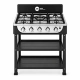 H&A five-burner freestanding gas stove with five knobs and two open storage shelves on a white background