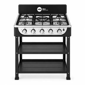H&A five-burner freestanding gas stove with five knobs and two open storage shelves on a white background
