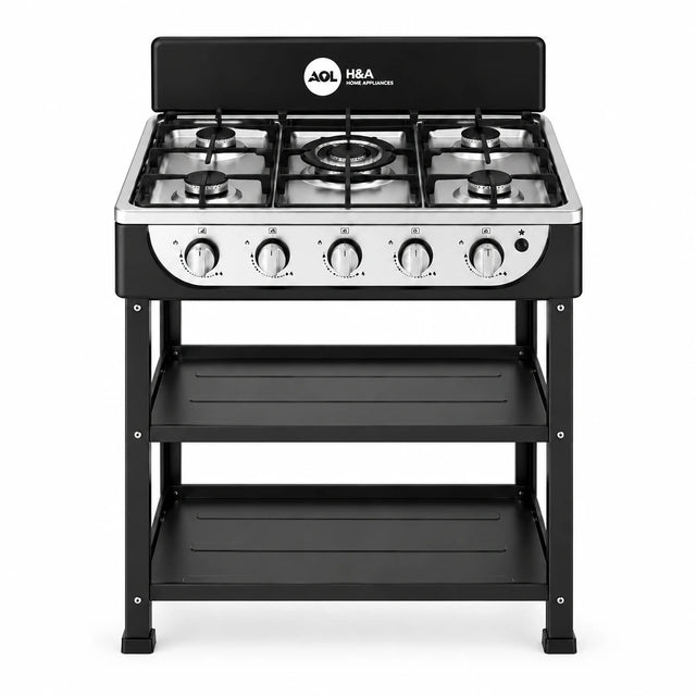 H&A five-burner freestanding gas stove with five knobs and two open storage shelves on a white background