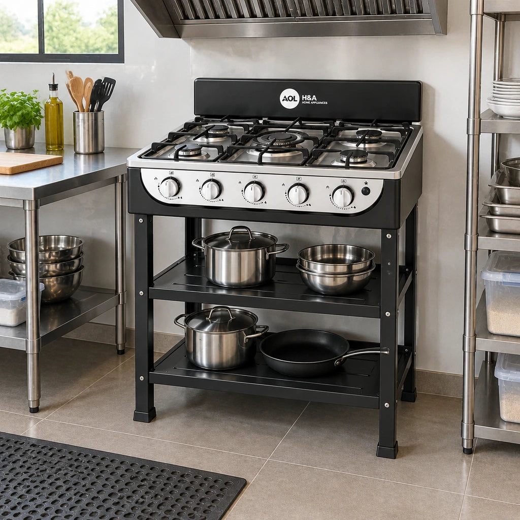H&A five-burner gas stove resting in an organised catering preparation room with open cookware shelves
