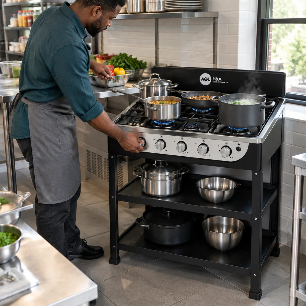 African American food-business operator adjusting a burner while cooking multiple pots on an H&A five-burner gas stove