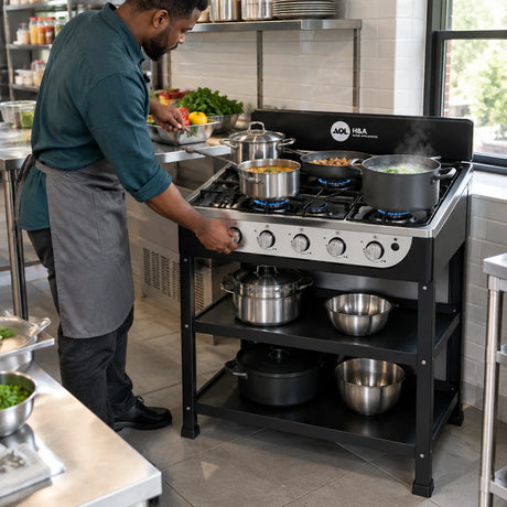 African American food-business operator adjusting a burner while cooking multiple pots on an H&A five-burner gas stove