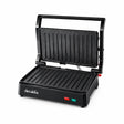 Decakila KEEC106B black 1000W two-slice contact grill shown open on a white background.