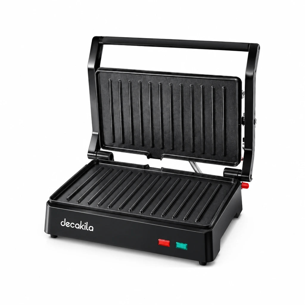 Decakila KEEC106B black 1000W two-slice contact grill shown open on a white background.