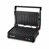 Decakila KEEC106B black 1000W two-slice contact grill shown open on a white background.