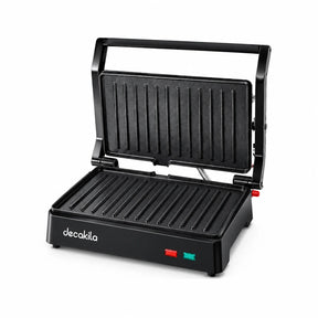 Decakila KEEC106B black 1000W two-slice contact grill shown open on a white background.