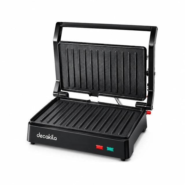 Decakila KEEC106B black 1000W two-slice contact grill shown open on a white background.