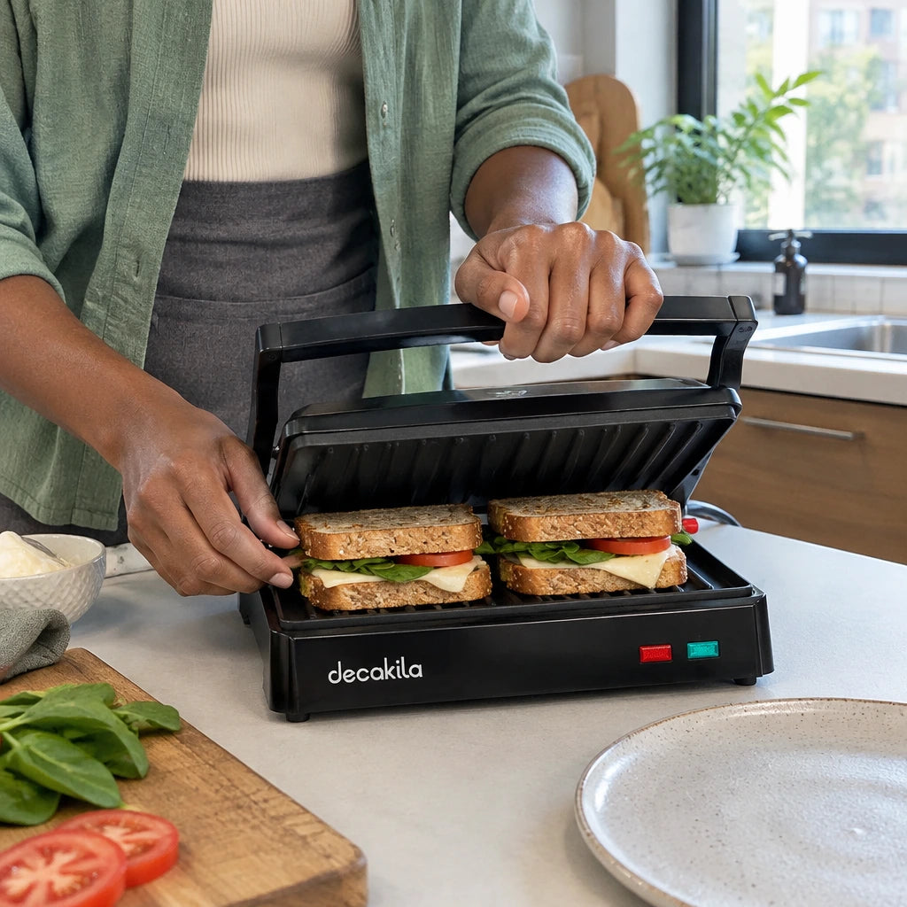 African American home cook lowering the Decakila two-slice contact grill onto two sandwiches in a modern kitchen.
